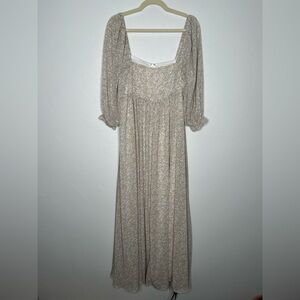 Storia Tan White Dusty Blue Abstract Floral Elbow Length Sleeve Dress Size Large